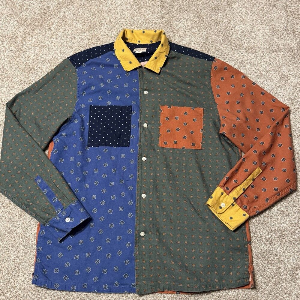 J Crew Shirt Men Medium Patchwork Button Up Wool Blend Challis Camp Collar